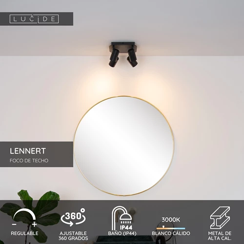 Lucide LENNERT - Foco de techo Baño - LED Regul. - GU10 - 4x5W 3000K - IP44 - Negro - USP